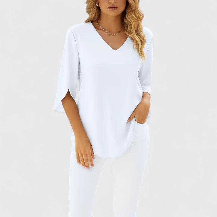 Calista | Elegant Light Blue Sophisticated V-Neck Blouse