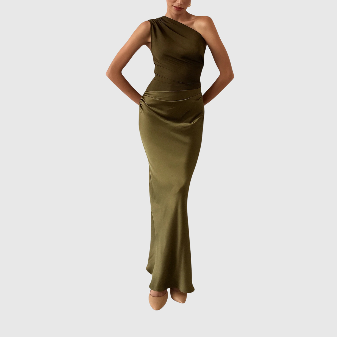 Calantha | Brown Satin Asymmetric Evening Gown