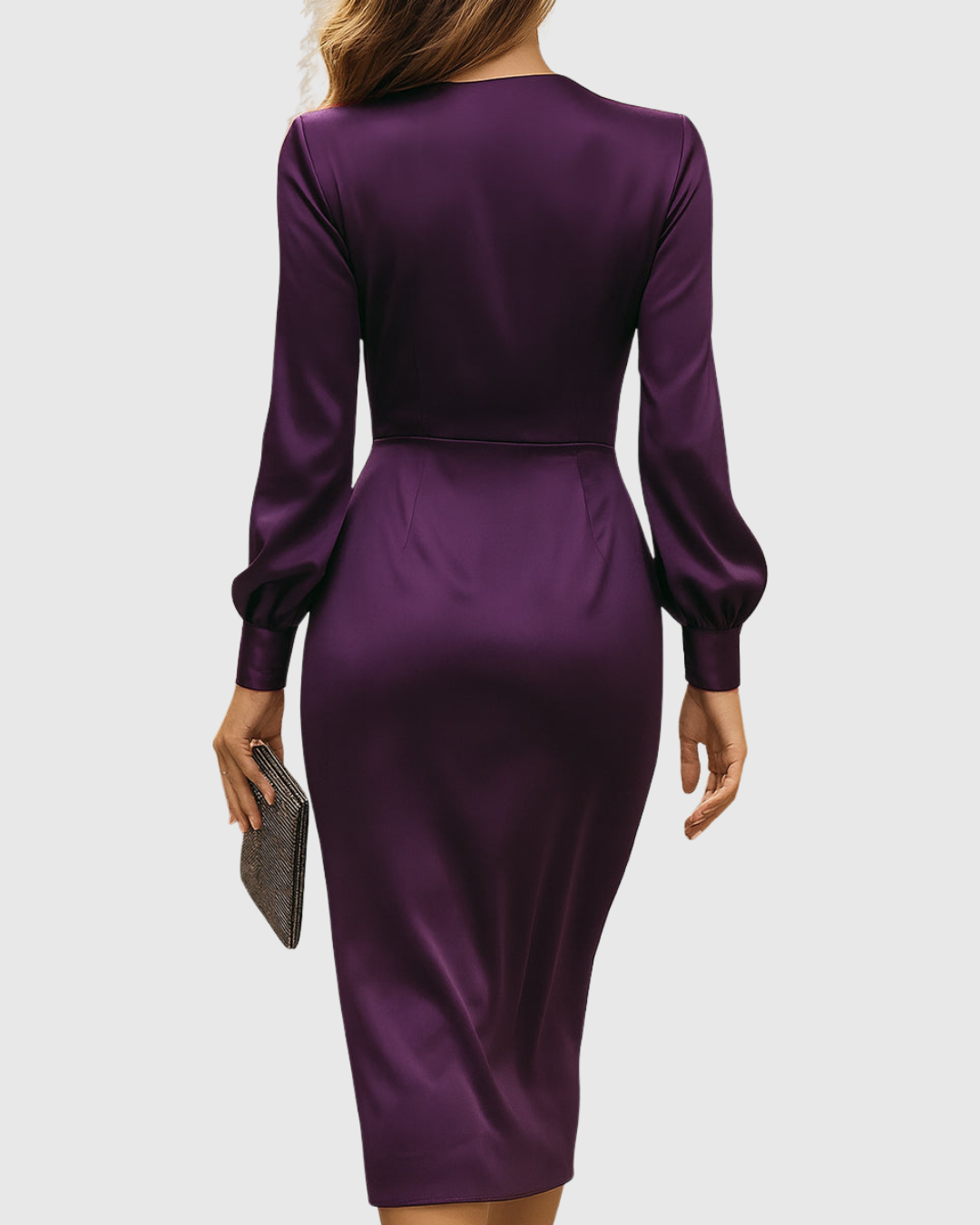 Calantha | Rich Deep Plum Luxe Satin Wrap Midi Dress