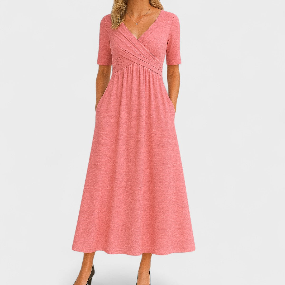 Astrid | Elegant Grey Midi Dress with V-Neck