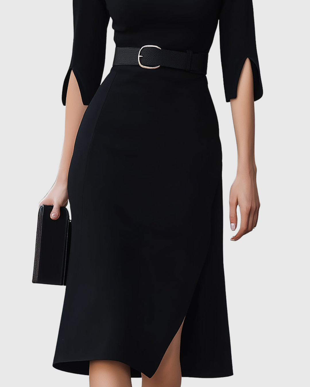 Calantha | Elegant Classic Black Midi Dress with Asymmetrical Hem