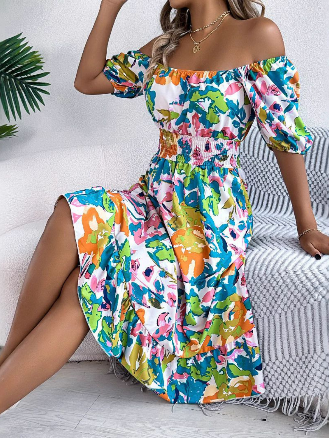 Alethea | Women's Boho Off Shoulder Floral Midi Dress