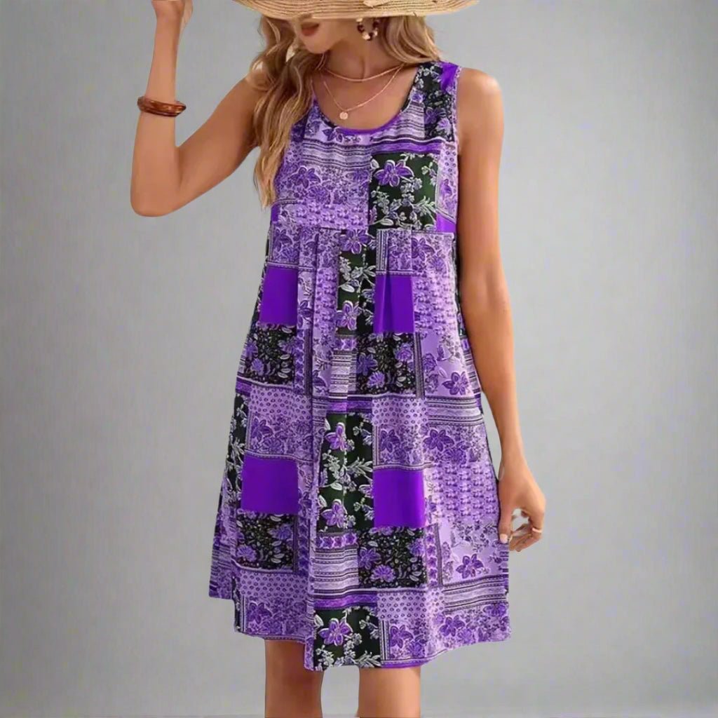 Alethea | Women's Boho Patchwork Lace Trim Sleeveless Mini Dress
