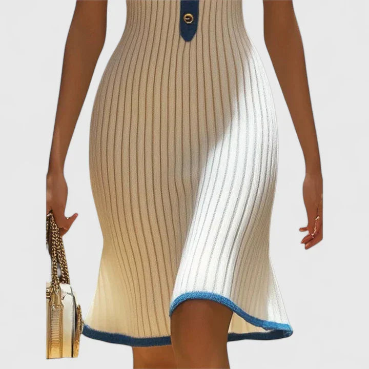 Calantha | Cream Ribbed Elegant Midi Dress