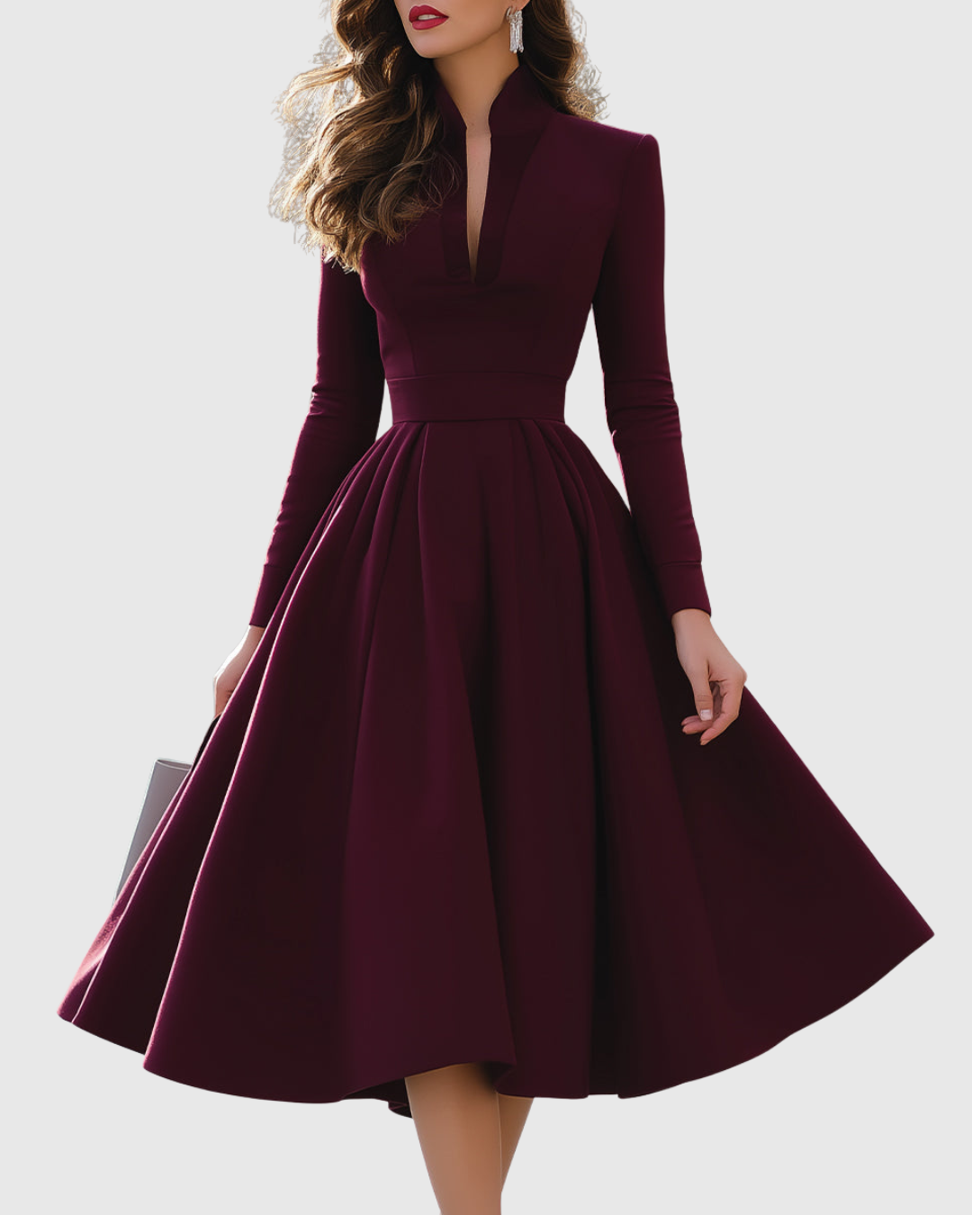 Calantha | Elegant Burgundy V-Neck Midi Dress