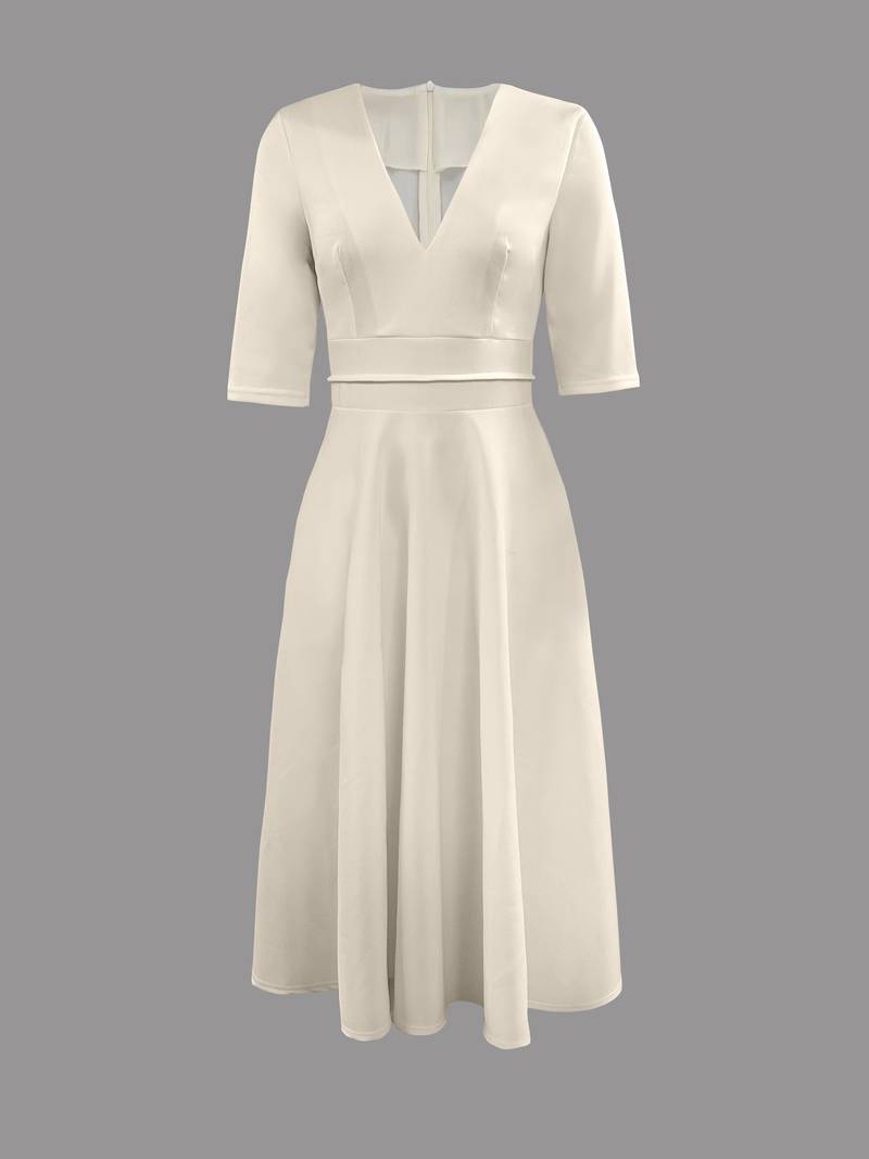 Women’s Wedding Guest Elegant Flared Midi Dress in Ivory Satin
