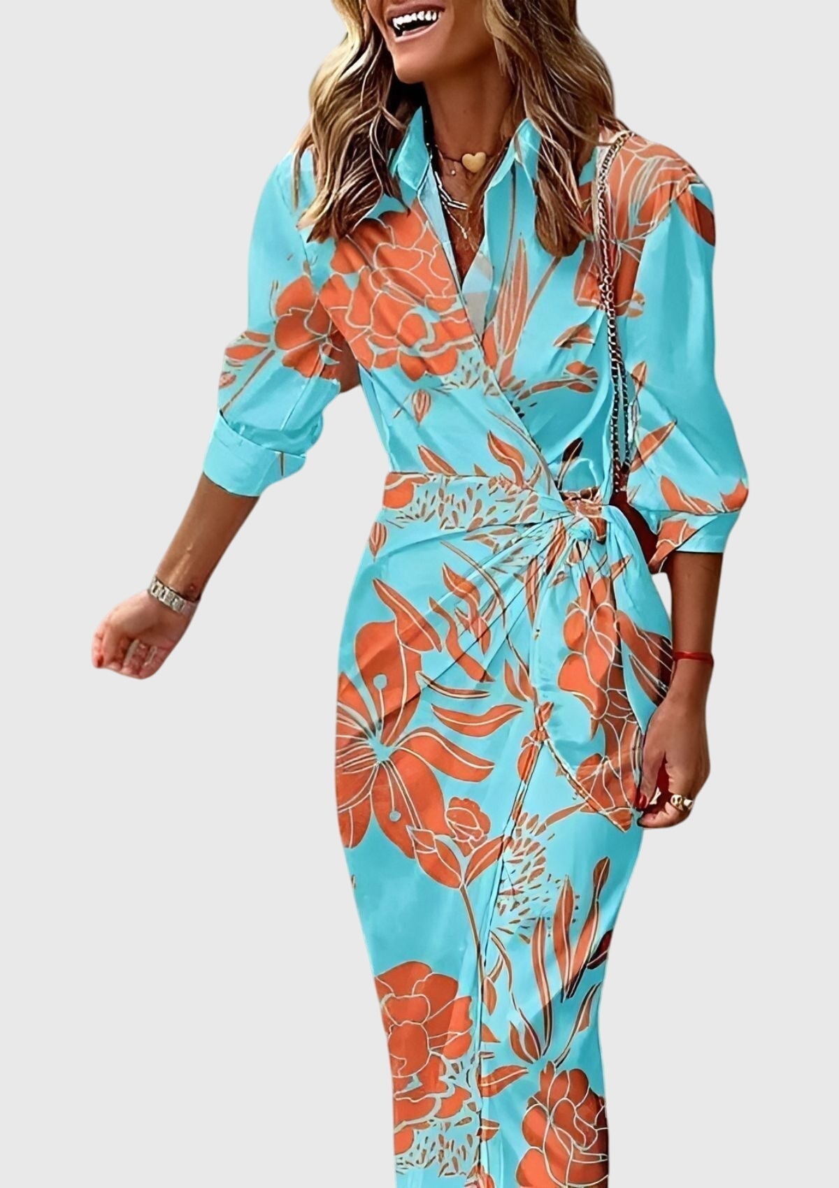 Alethea | Vibrant Orange Elegant Wrap Dress With Print