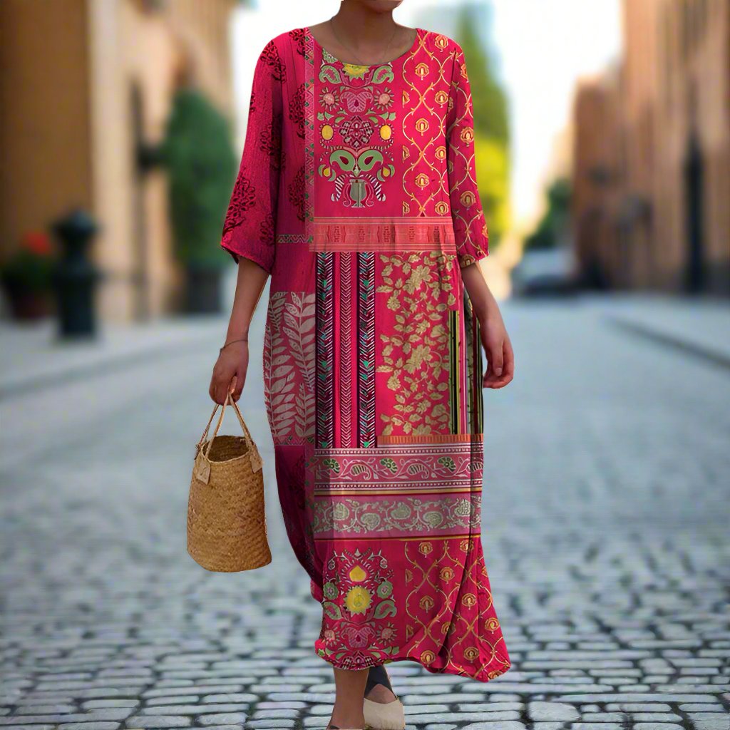 Willow | Women's Boho Patchwork Three Quarter Sleeve Maxi Dress in Vibrant Pink