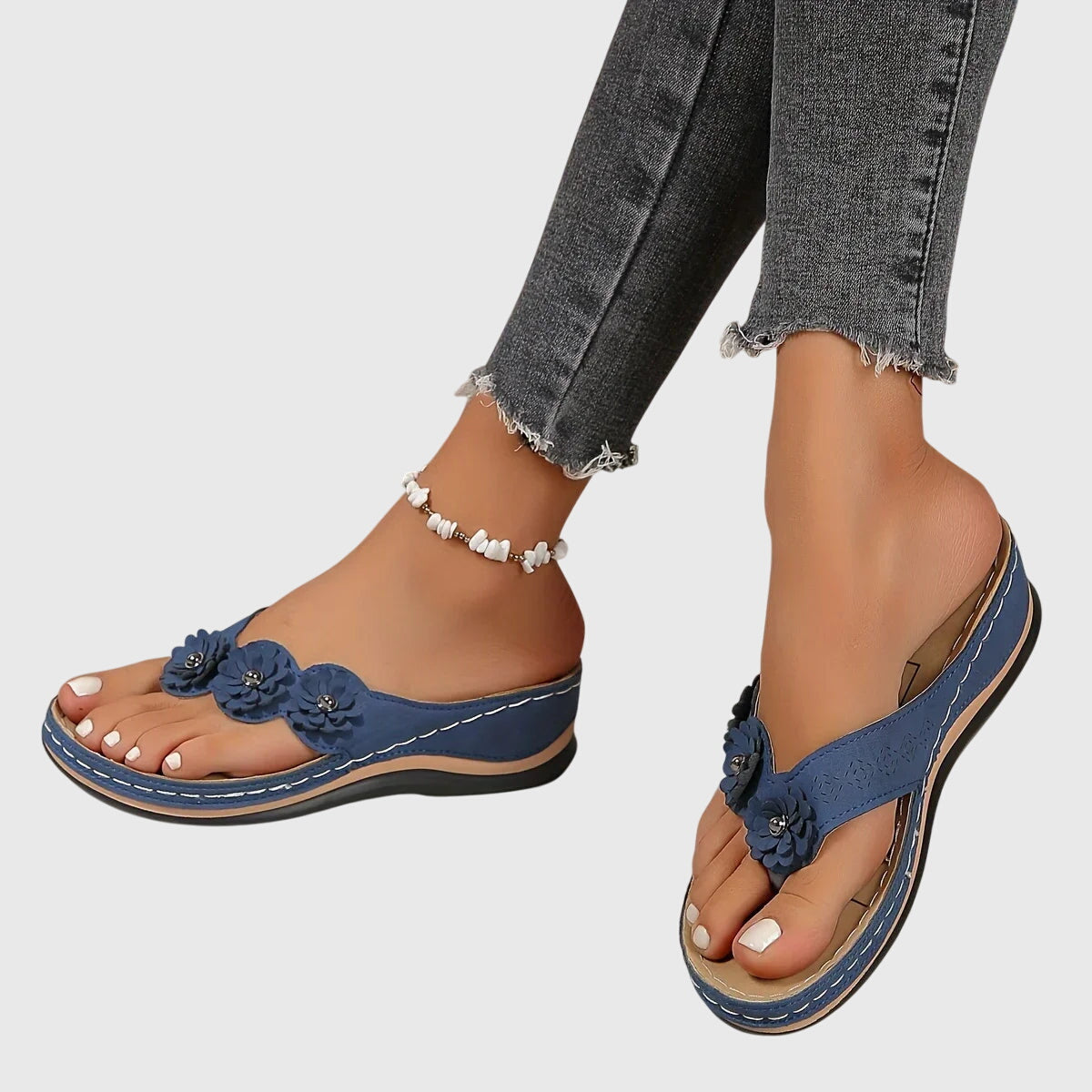 Calista | Navy Blue Orthopedic Flip Flops with Floral Details