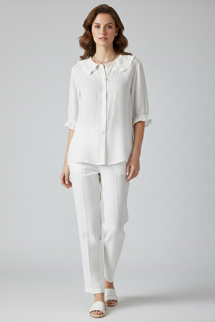 Alethea | Light Blue Women's Casual Shirt with Ruffled Collar and Buttons