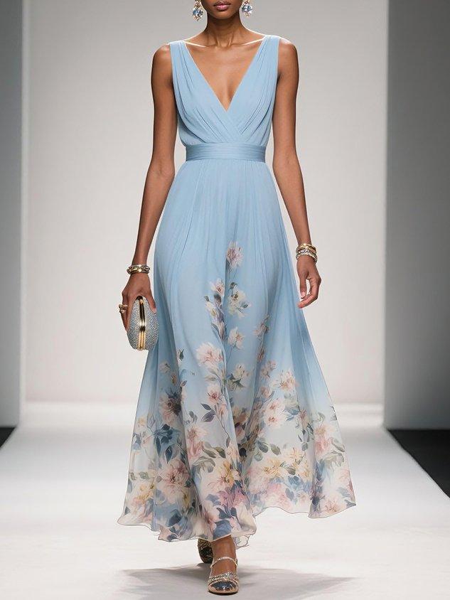 Calista | Women's Elegant Light Blue Floral Print Wedding Guest Dress