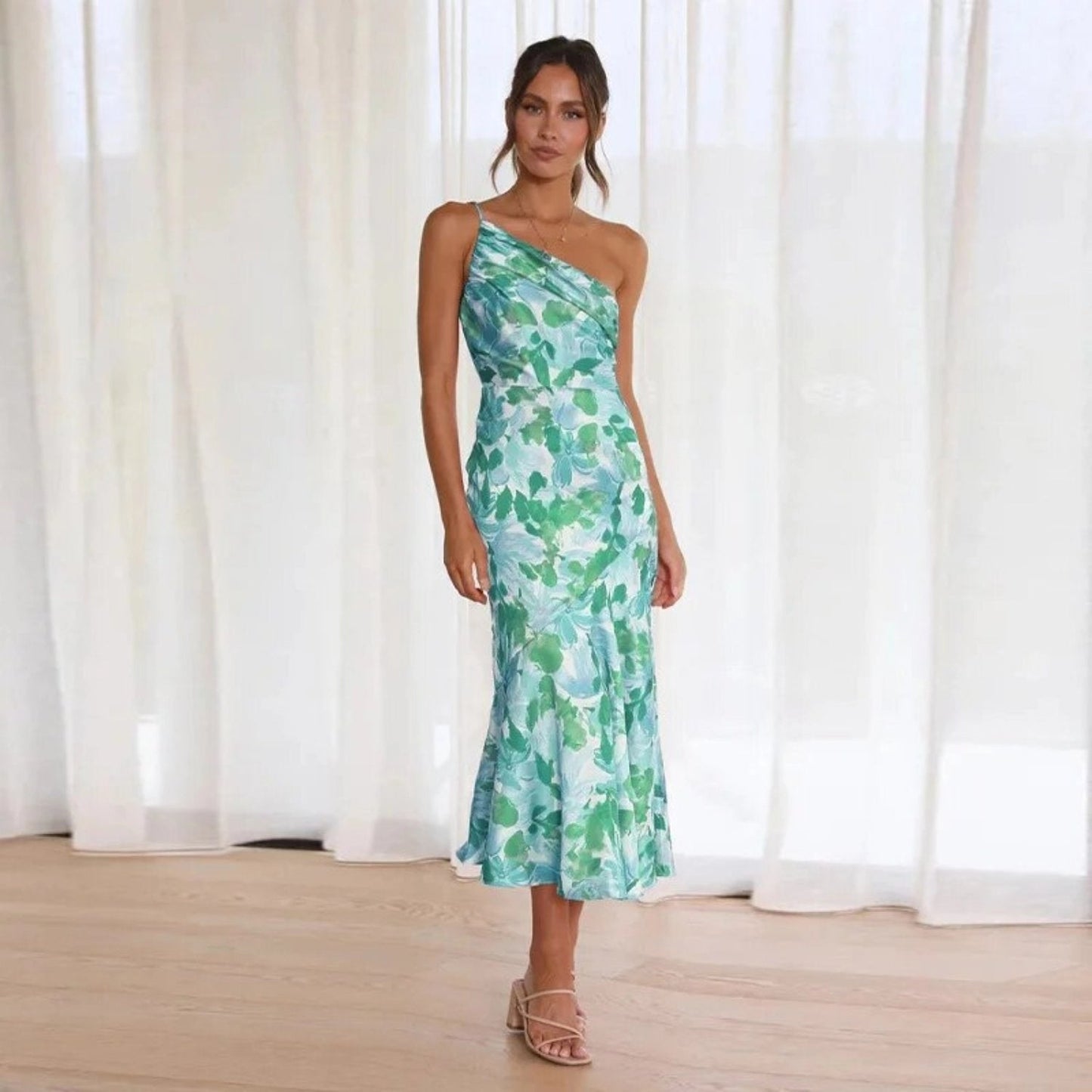 Alethea | Elegant Women's Summer Maxi Dress with Asymmetrical Cut & Vibrant Floral Pattern