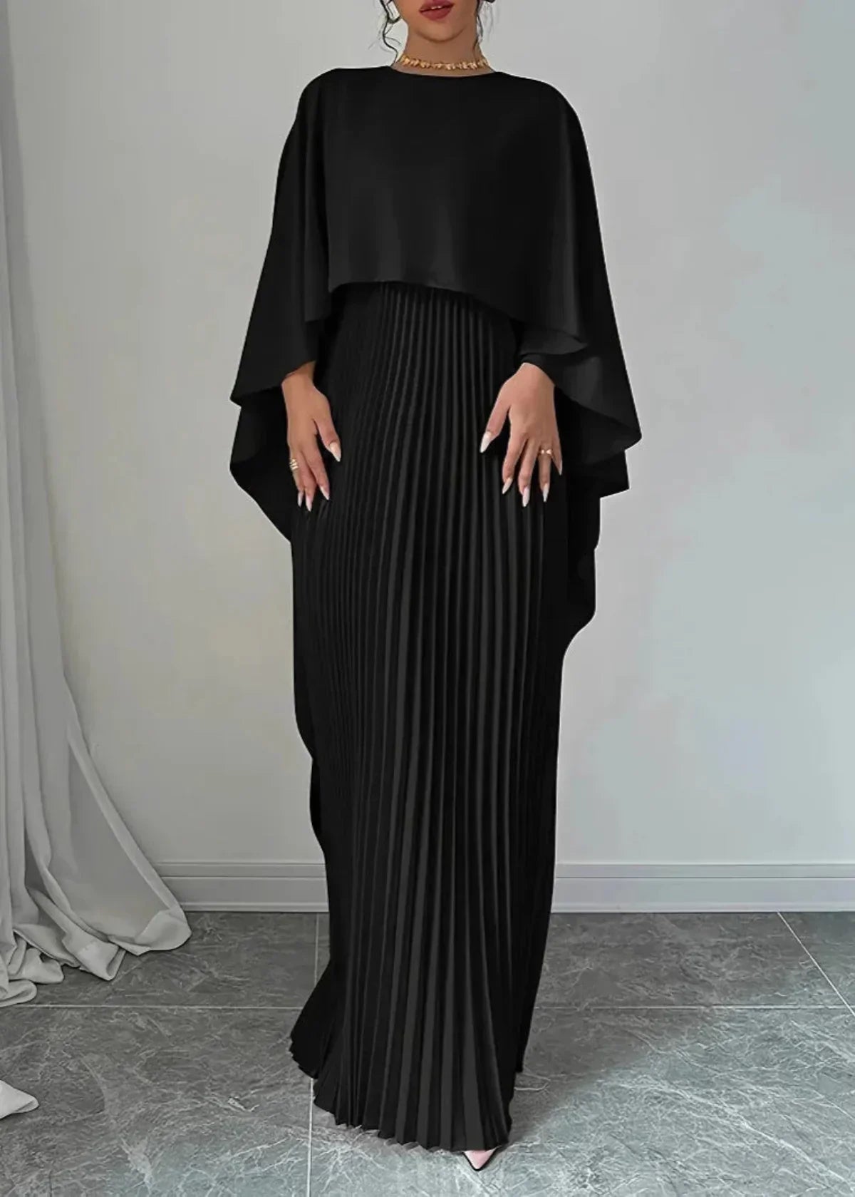 Calista | Women’s Wedding Guest Luxe Pleated Cape Maxi Dress in Ivory