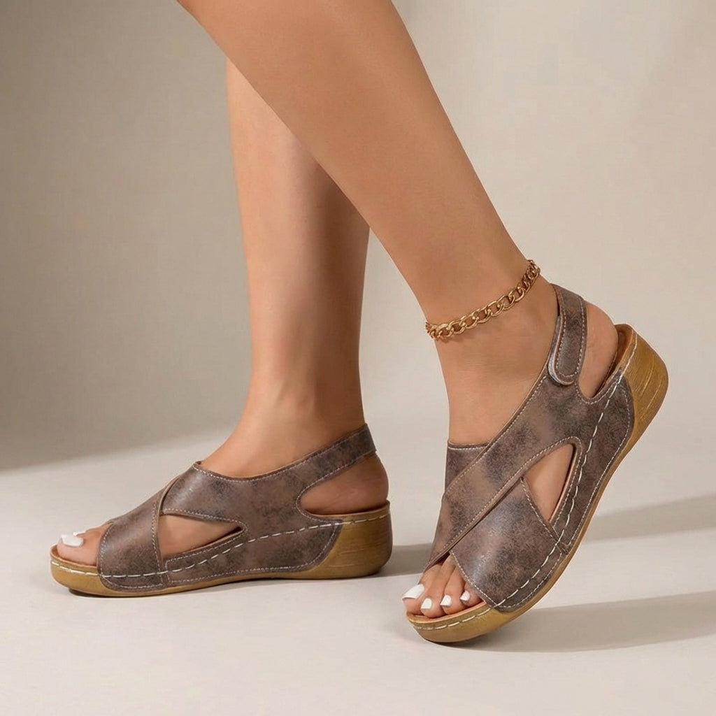 Calista | Women's Suede Beige Criss-Cross Wedge Sandals