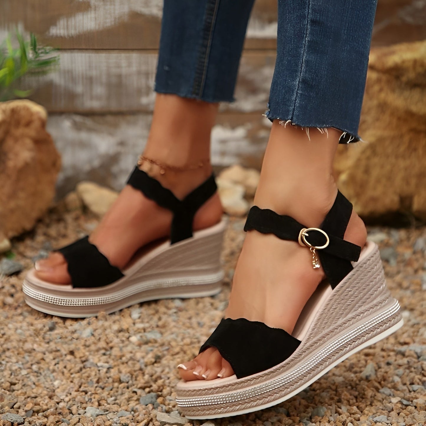 Calista | Black Scalloped Orthopedic Sandals