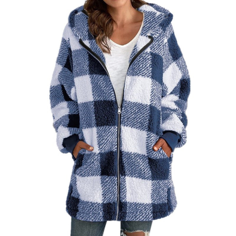 Calantha | Plaid Fleece Long Sleeve Hooded Coat in Black and White Sherpa