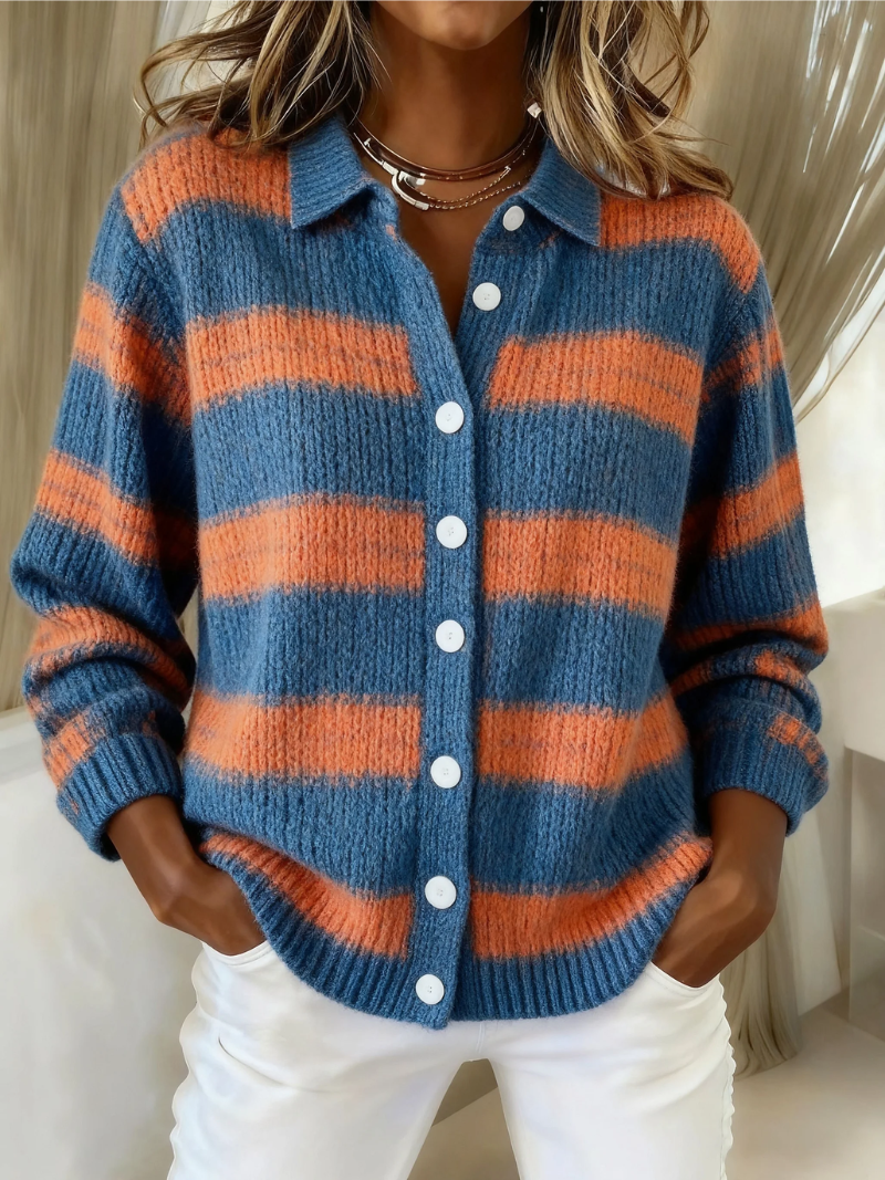 Calista | Knitted Blouse With Stripes - Soft Blue Orange