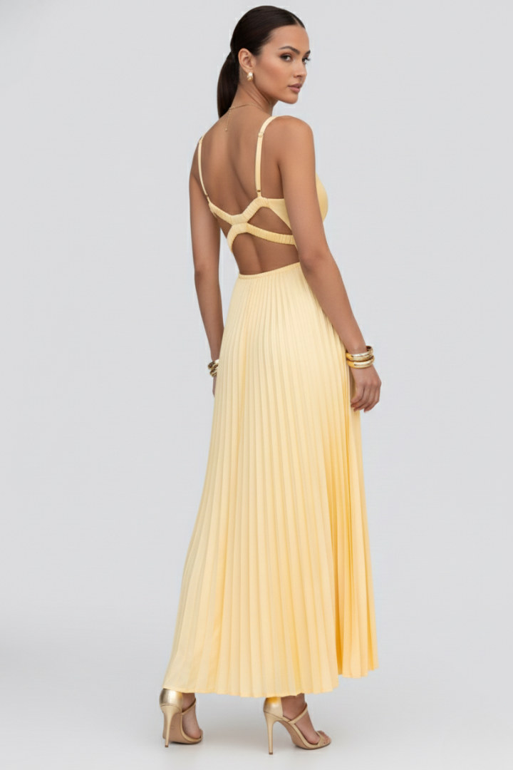 Calista | Women's V-Neck Pleated Skirt Maxi Dress in Soft Yellow