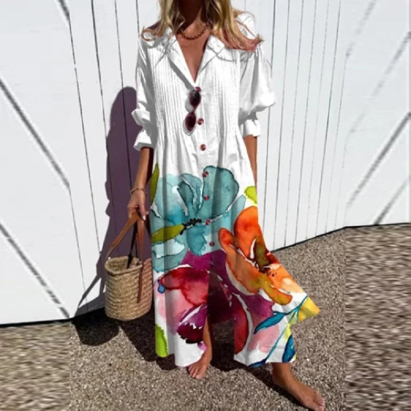 Astrid | Women’s Boho Floral Long Sleeve Maxi Dress with V-Neck & Short Sleeves
