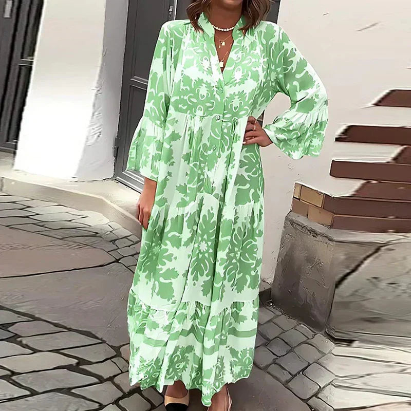 Astrid | Women's Boho Printed Long Sleeve Midi Dress in Beige Floral
