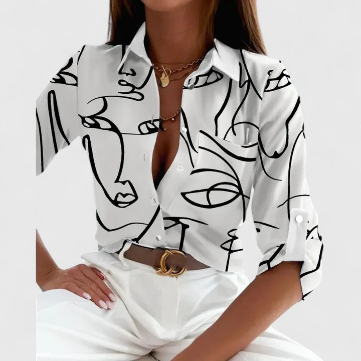 Calista | Elegant Black & Beige Geometric Long Sleeve Blouse