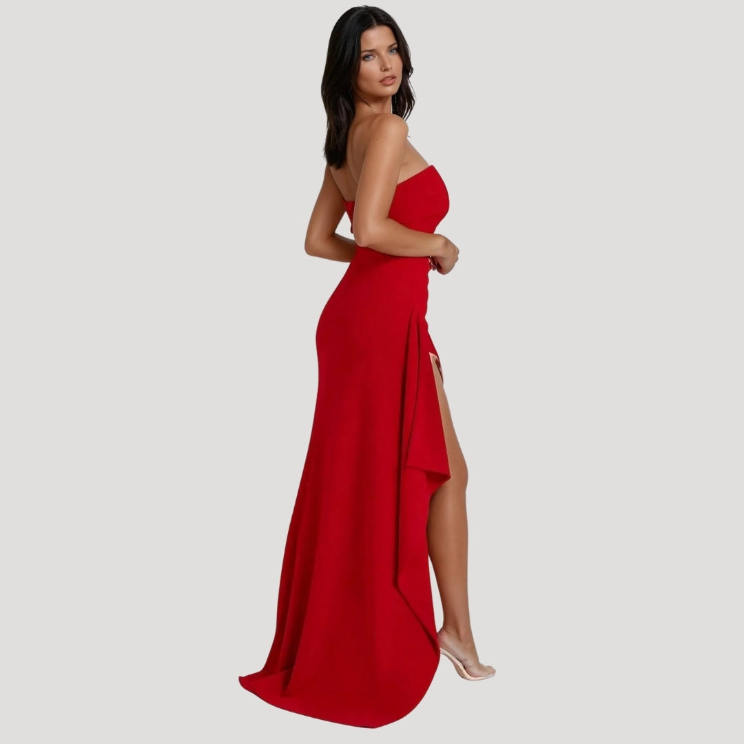 Astrid | Women’s Wedding Guest Strapless Maxi Dress in Black with High Slit