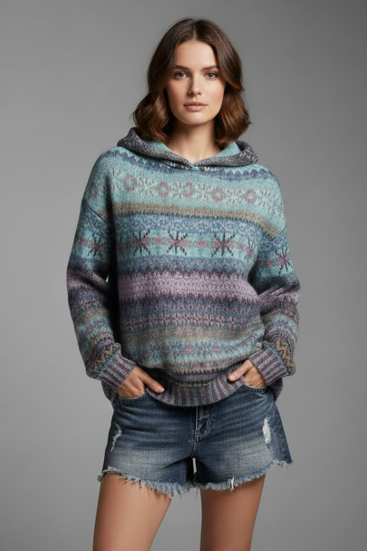 Willow | Women's Multicolor Knit Hoodie with Hood and Ribbed Cuffs