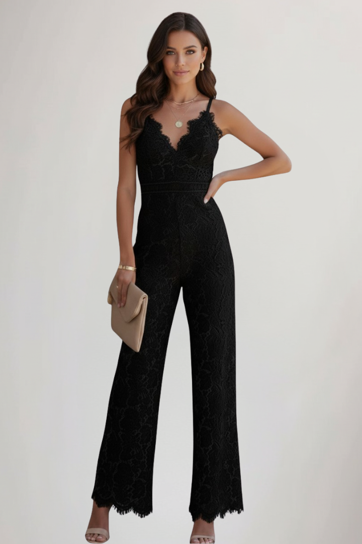 Alethea | Women’s Sleeveless Lace V-Neck Wide-Leg Jumpsuit in White