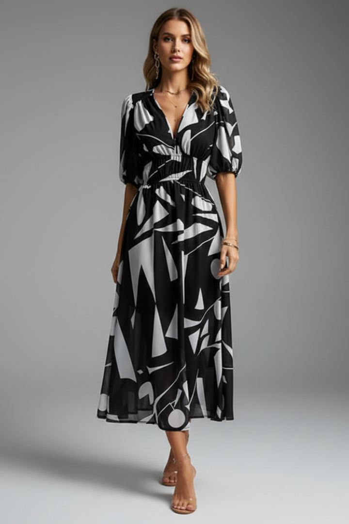 Calista | Women’s Floral Puff Sleeve V-Neck Midi Dress in Vibrant Blue