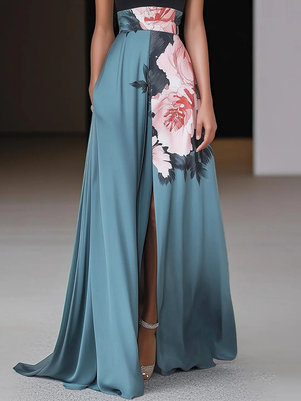 Astrid | Teal Floral Chic Slit Floral Classic Crew Neck Sleeveless A-Line Maxi Dress