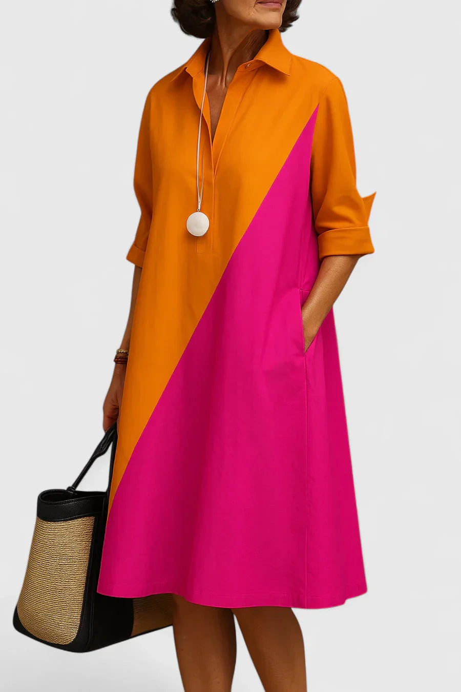 Calantha | Vibrant Orange Pink Elegant Midi Dress