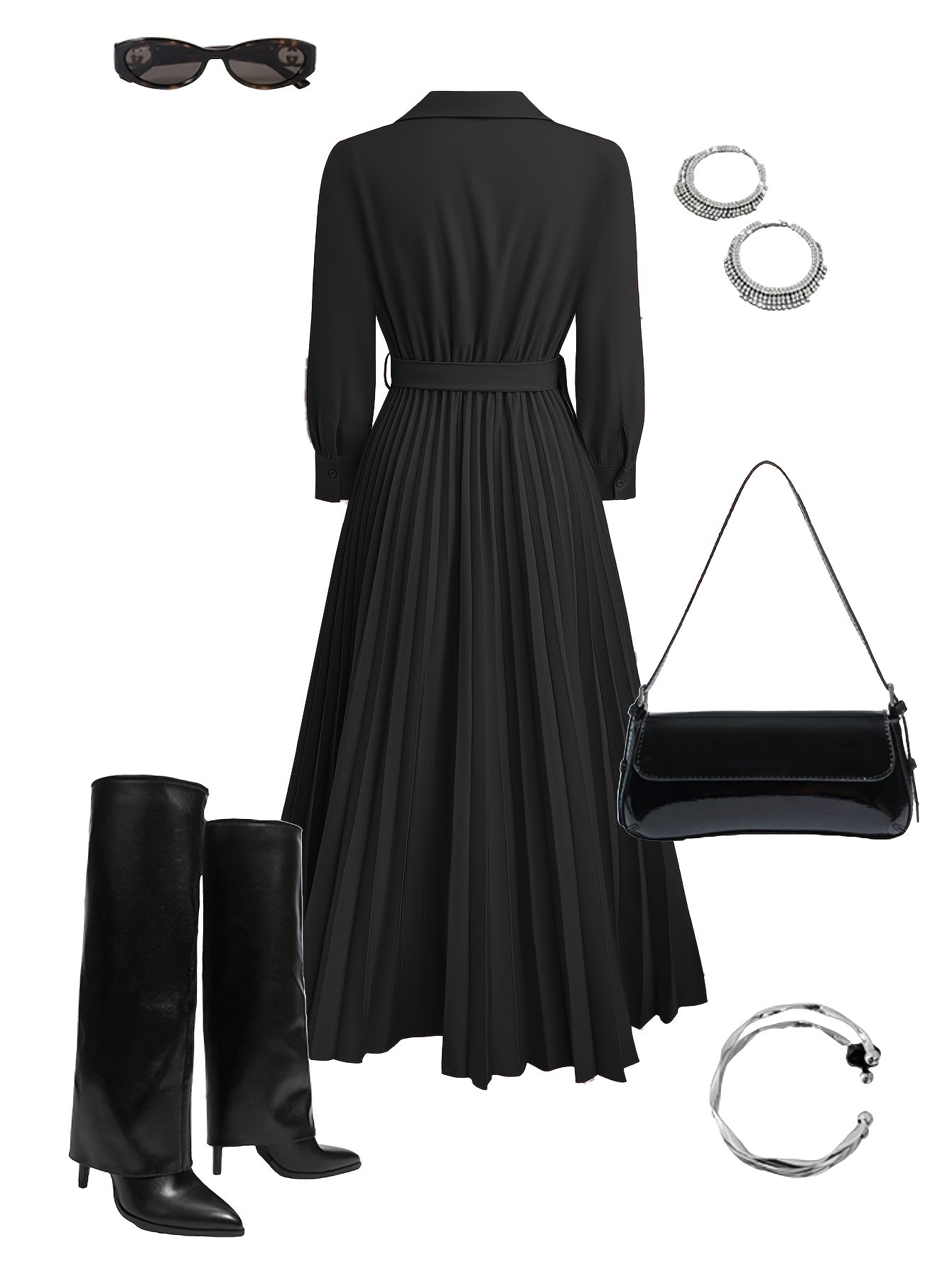 Aurelia | Elegant Black Pleated Everyday Elegance Dress