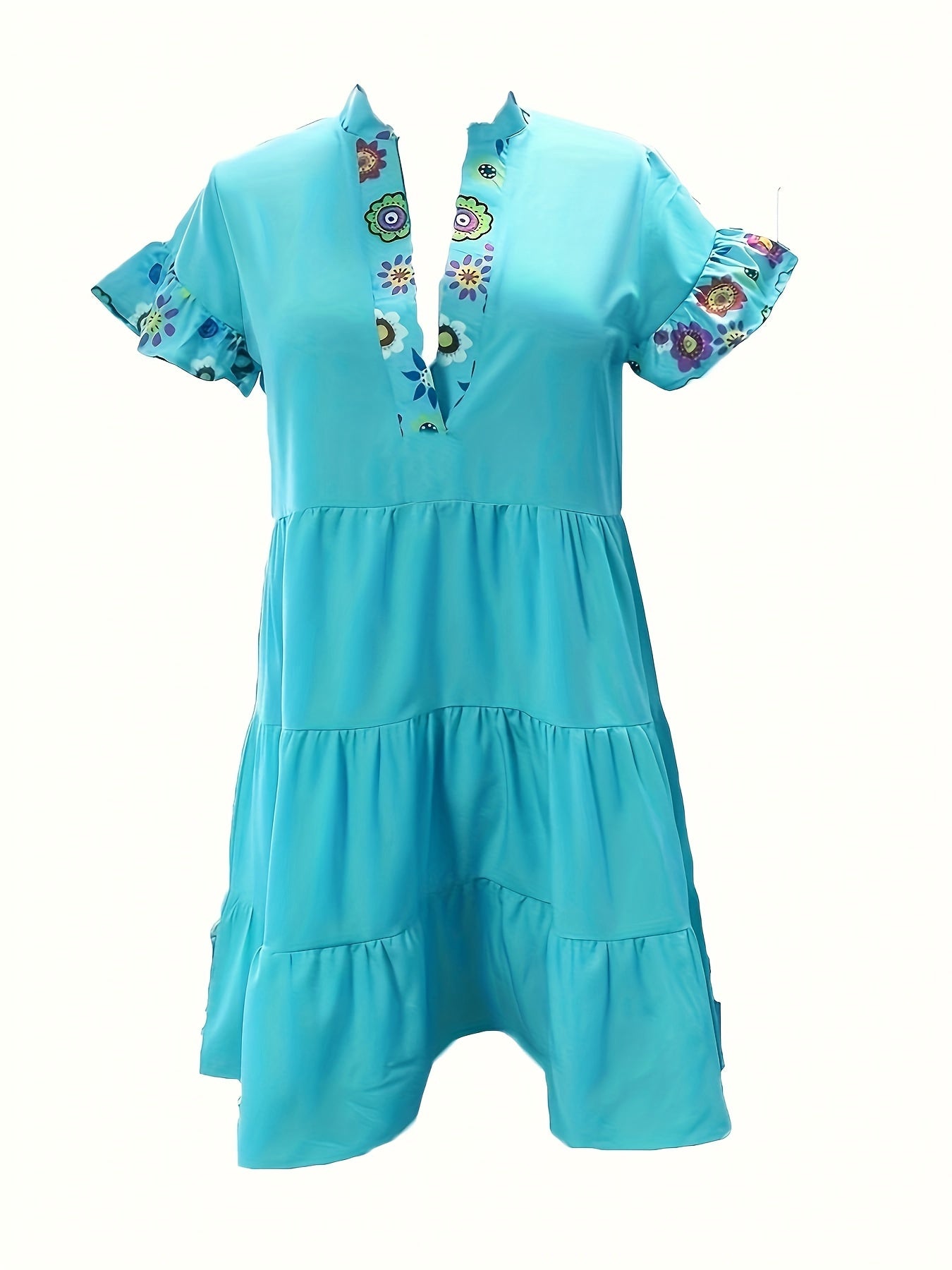 Alethea | Women’s Boho Ruffle Sleeve Mini Dress in Turquoise Floral