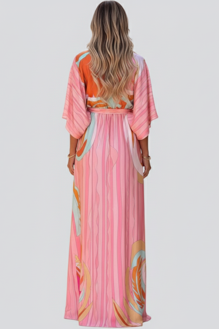 Astrid | Women’s Printed V-Neck Belted Maxi Dress in Vibrant Pink