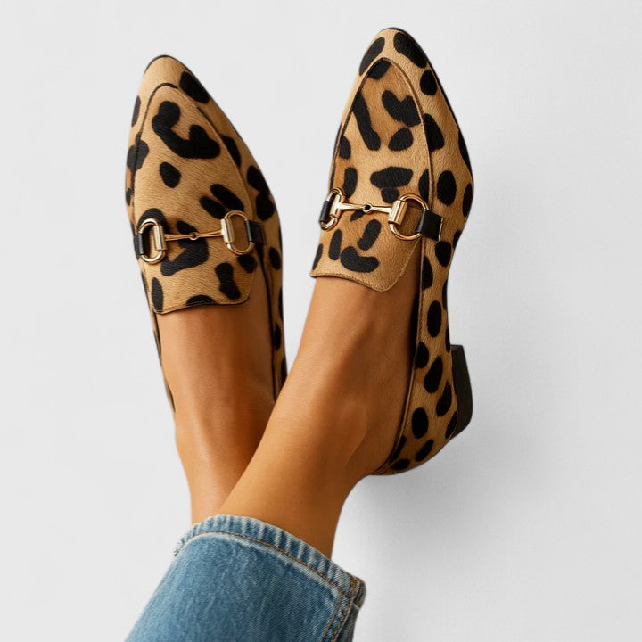 Calista | Tan Leopard Loafers with Gold Buckle