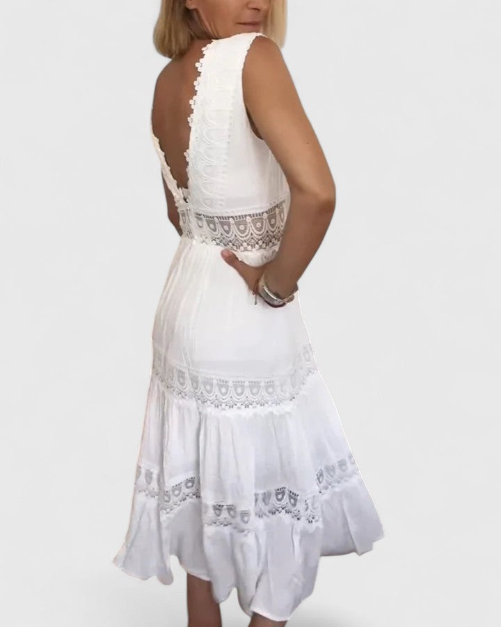 Calista | Exquisite White Lace Trim Midi Dress with V-Neck