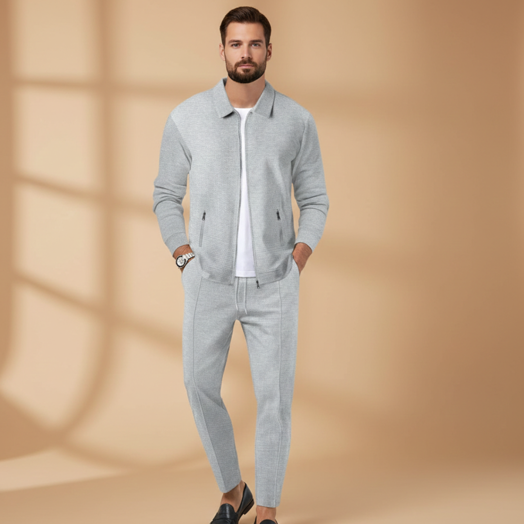 Kai | Men's Casual Cream Zip Jacket Two Piece Set