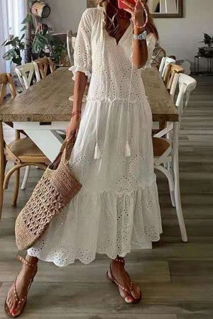 Calista | Women's Boho Floral Short Sleeve Maxi Dress in White Linen