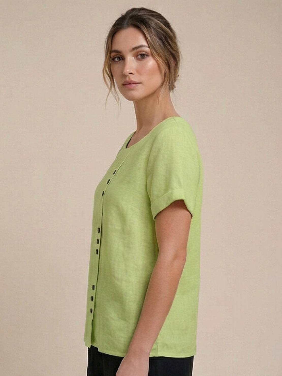 Alethea | Elegant Olive Women’s Linen Round Neck Button Blouse