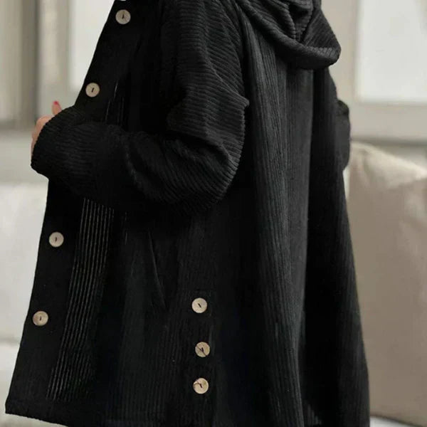 Astrid | Black Ribbed Cosy Hooded Coat