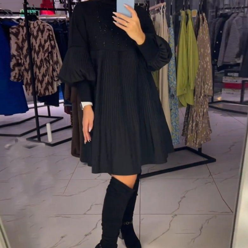 Calista | Elegant Black Midi Dress with Pleats