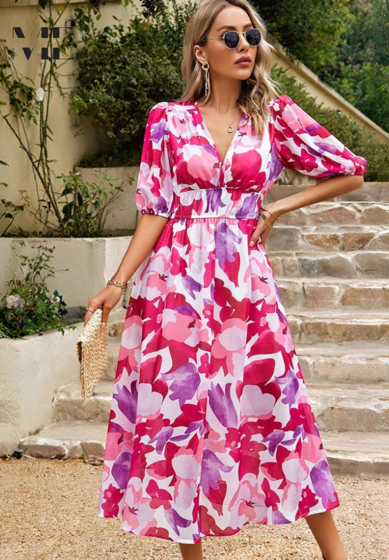 Calista | Women's Vibrant Floral V Neck Midi Wedding Guest Dress