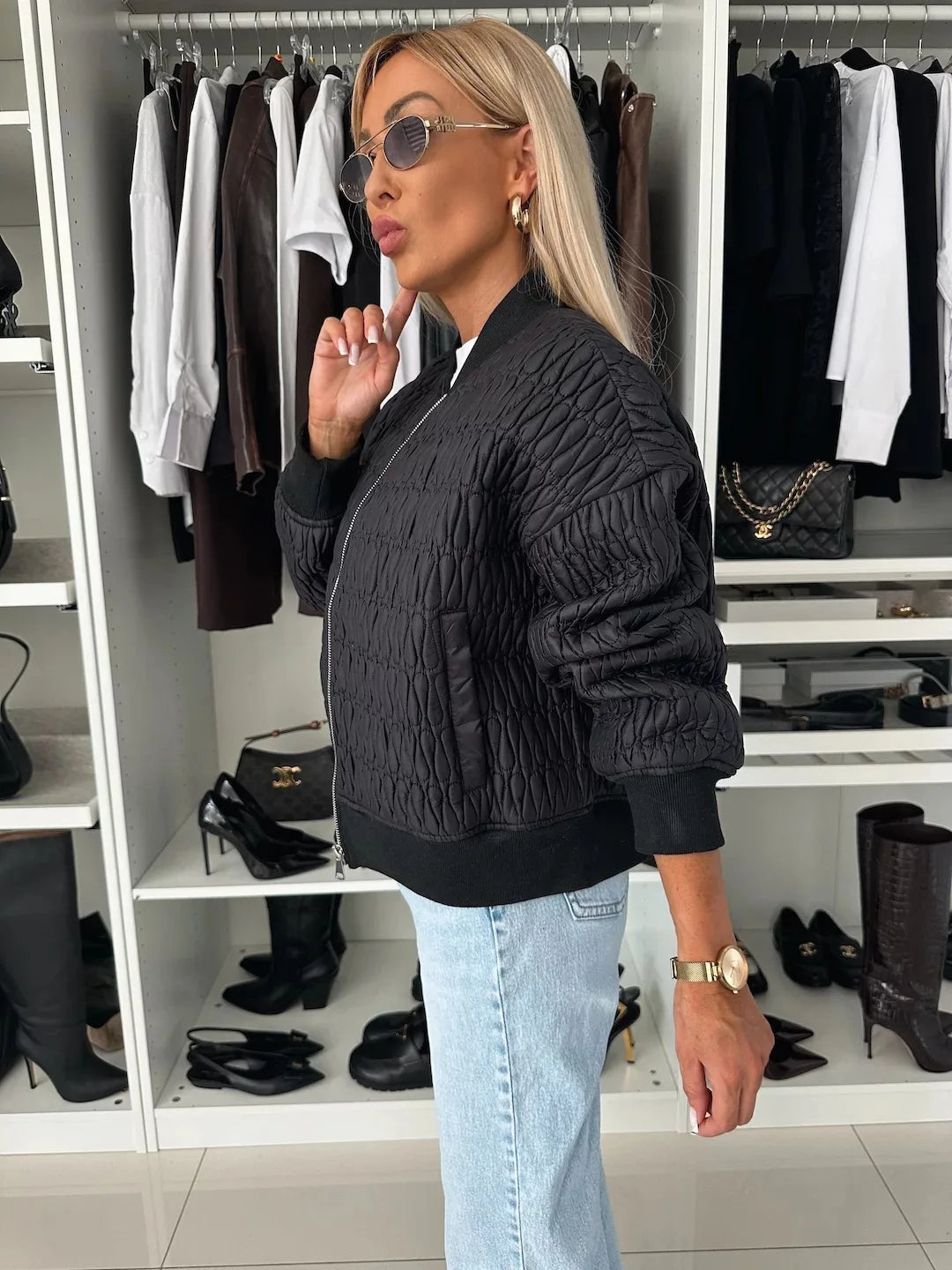 Alethea | Women's Cream Quilted Zip Up Bomber Jacket