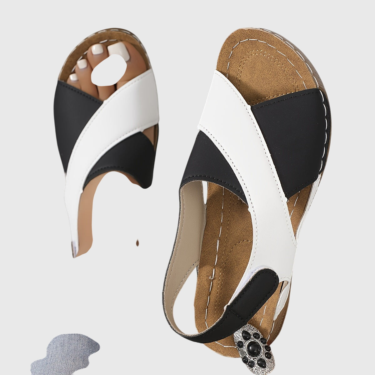 Calista | Orthotic Wedge Sandals with White and Navy Straps - Luxe Leather