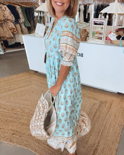 Adriana | Women's Boho Light Blue Printed Tassel Tie Midi Dress