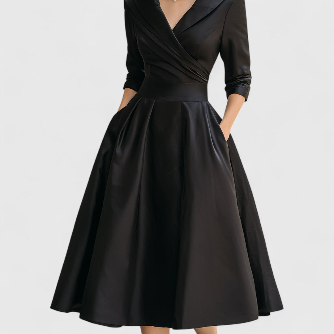 Alethea | Navy Blue Elegant Midi Dress with Satin Finish