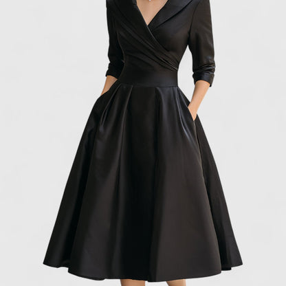 Alethea | Navy Blue Elegant Midi Dress with Satin Finish