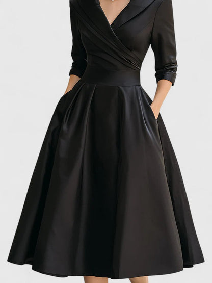 Astrid | Elegant Black Satin Midi Dress