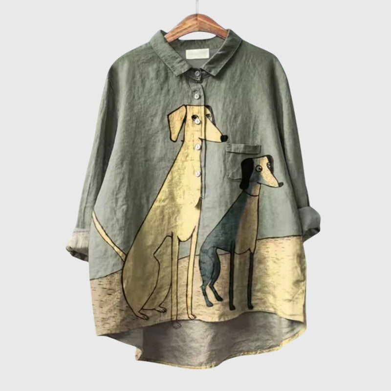 Odessa | Blouse - Dog 1: Blue Linen Dachshund Graphic