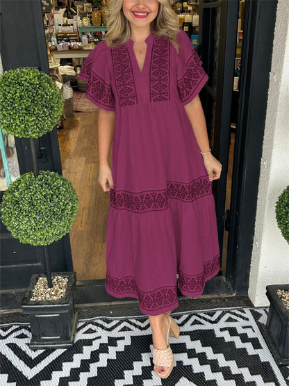 Astrid | Women’s Summer Boho V Neck Midi Dress in Black Embroidered